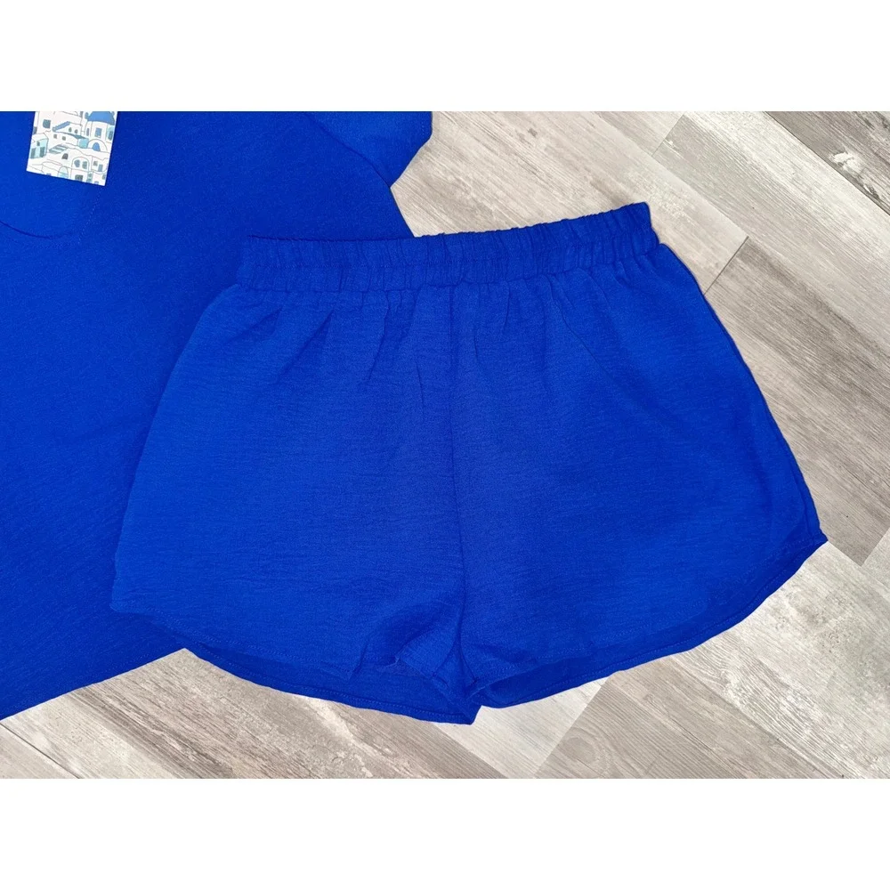 Meet Me In Santorini Short Set Women Blue V-Neck Top Elastic Waist Shorts XS